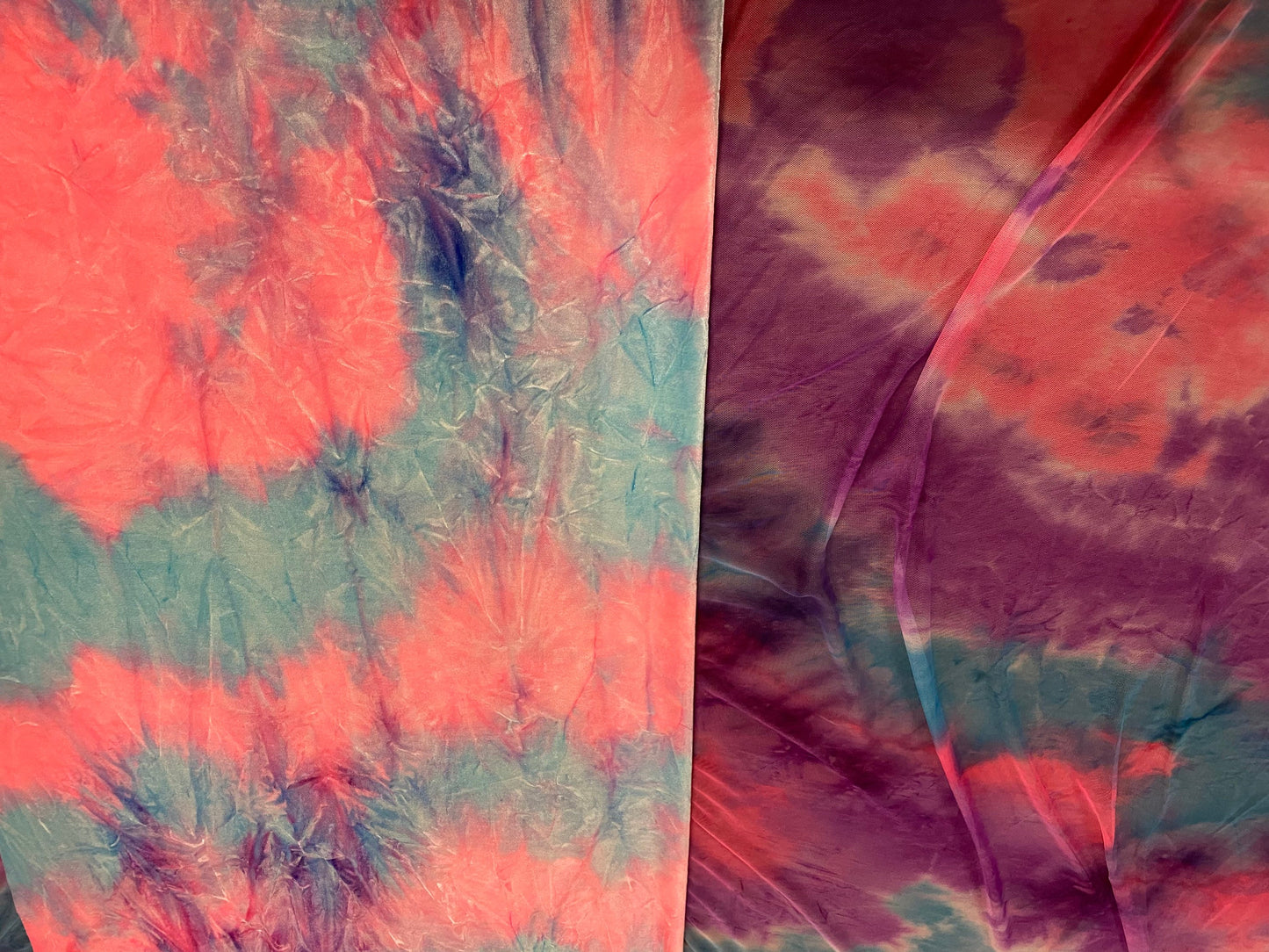 New Cotton Candy tie dye crushed velvet and tie dye power mesh 4-way stretch 58/60” Sold by the YD. Ships worldwide from Los Angeles cali