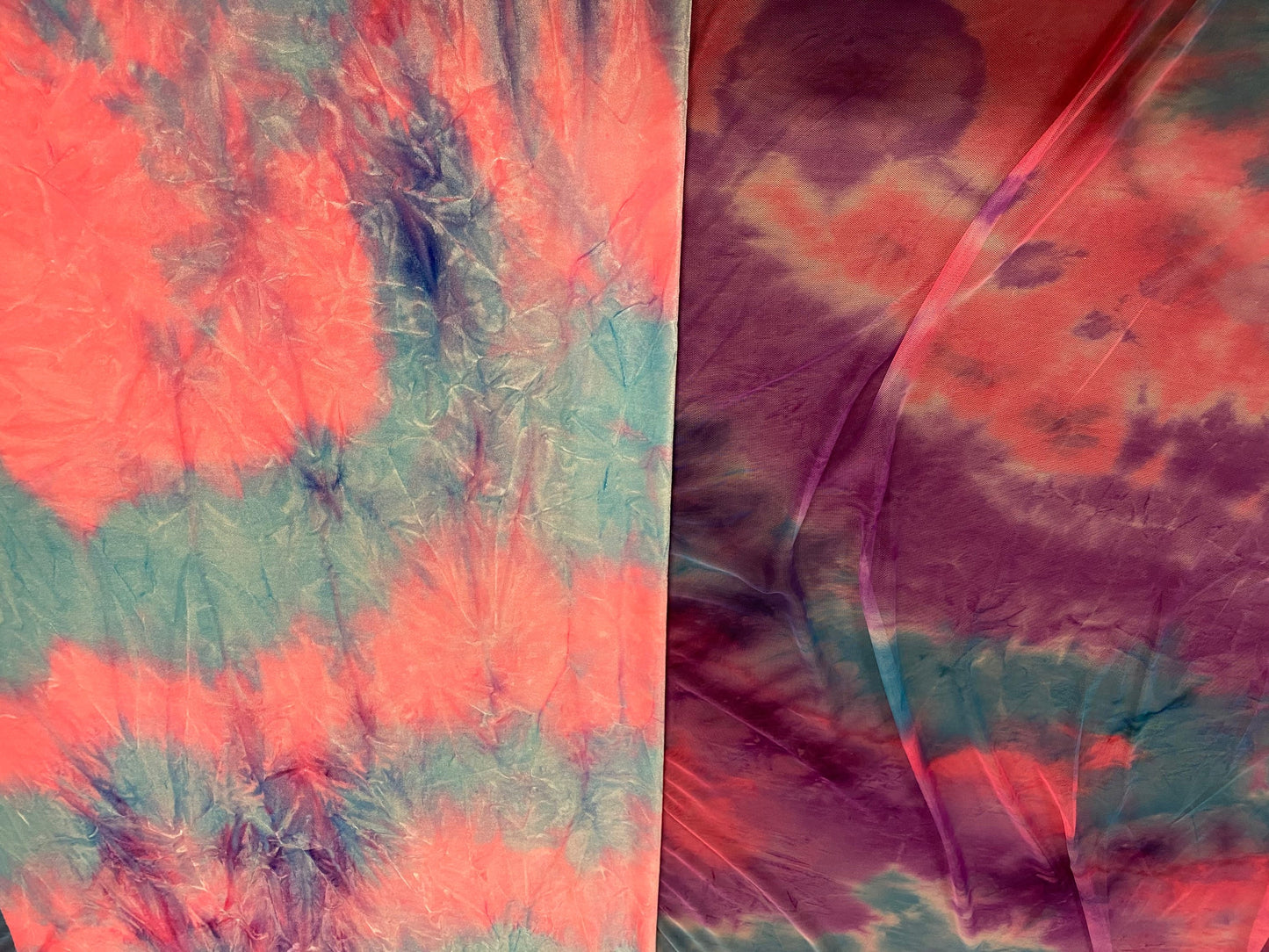 New Cotton Candy tie dye crushed velvet and tie dye power mesh 4-way stretch 58/60” Sold by the YD. Ships worldwide from Los Angeles cali