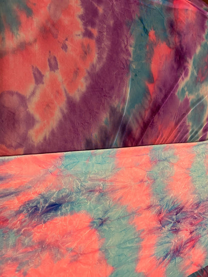 New Cotton Candy tie dye crushed velvet and tie dye power mesh 4-way stretch 58/60” Sold by the YD. Ships worldwide from Los Angeles cali