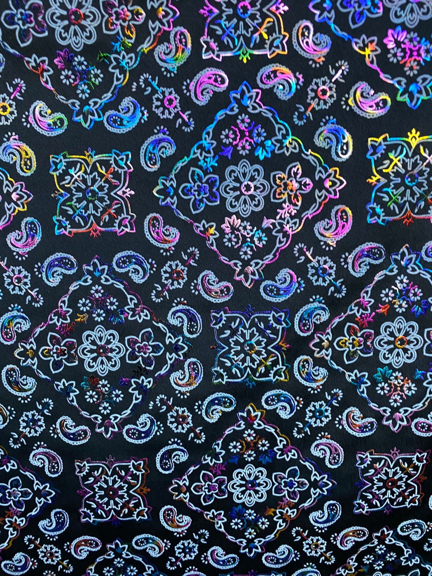 Bandana paisley design black/rainbow print on nylon spandex with foil 4-way stretch 58/60” Sold by the YD. Ships worldwide from Los Angeles