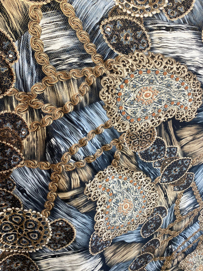 New paisley fashion design print on poly spandex 4-way stretch 58/60” Sold by the YD. Ships worldwide from Los Angeles California USA.