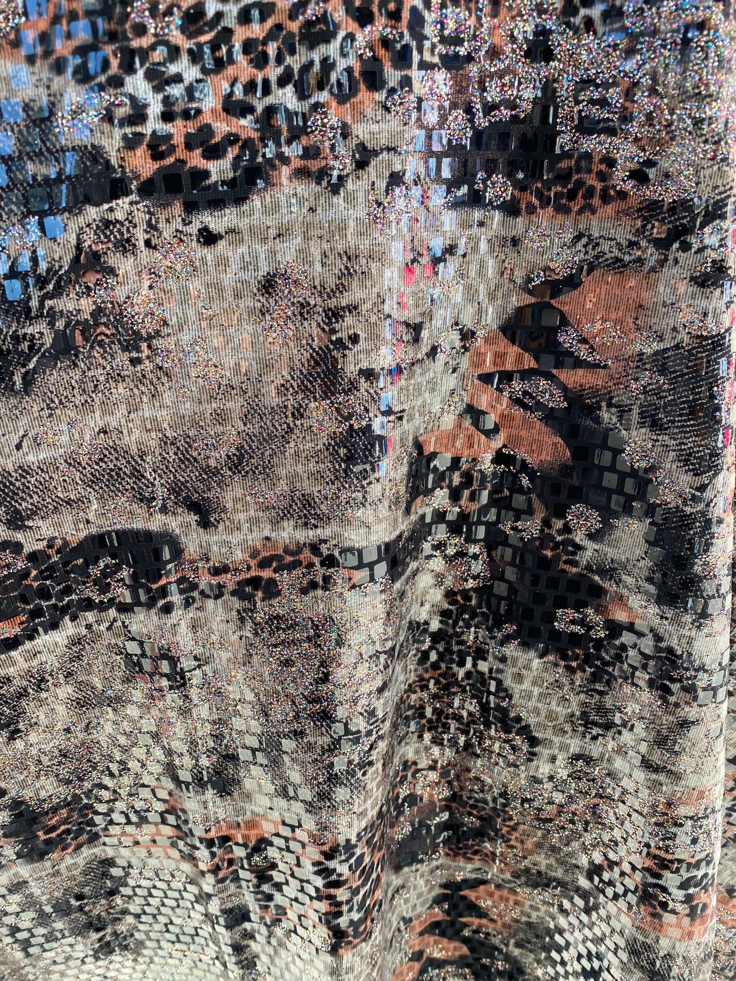New abstract design print on poly spandex 2-way stretch with clear square sequins all over 58/60” Sold by the YD. Ships worldwide from L.A