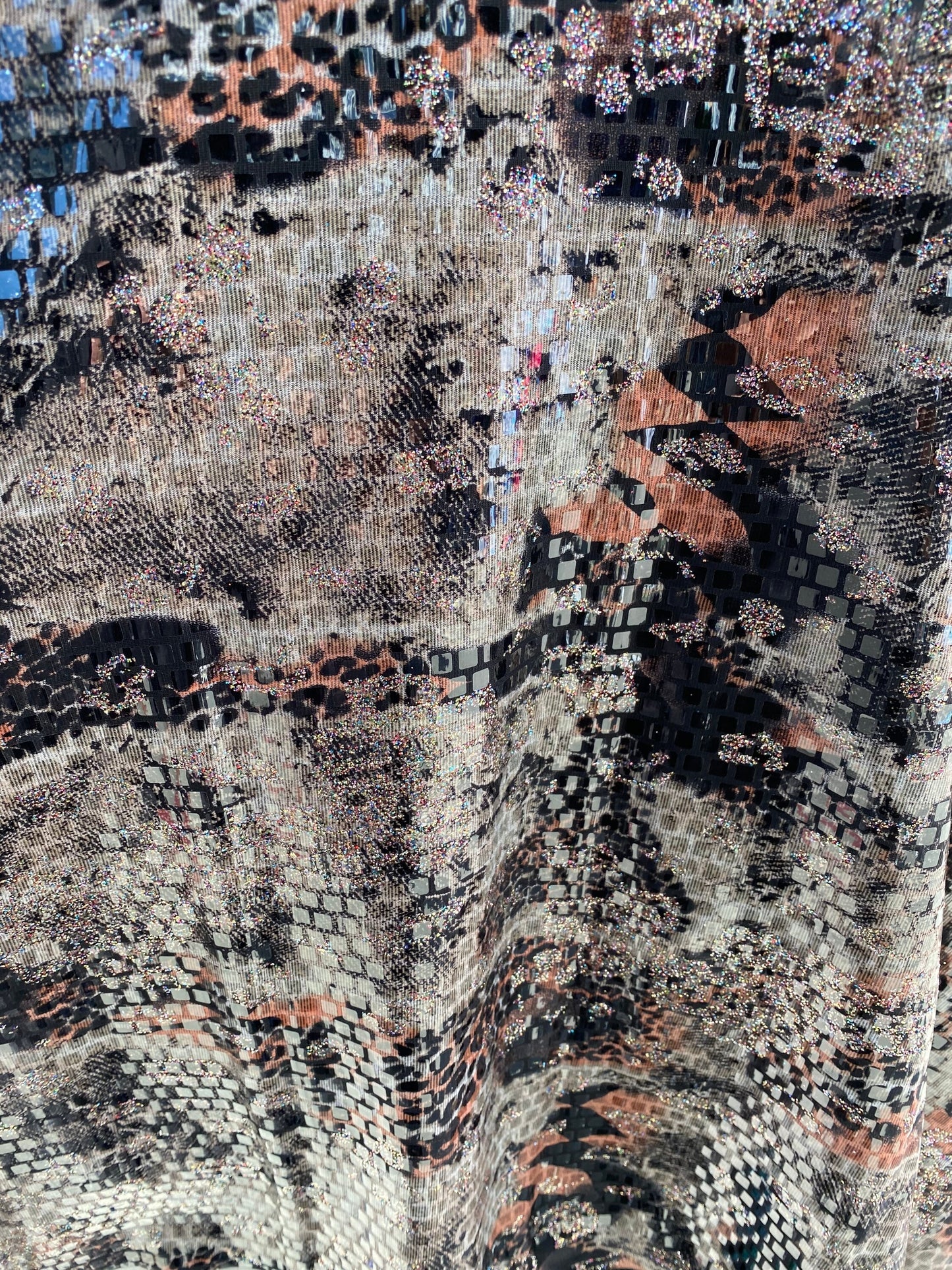New abstract design print on poly spandex 2-way stretch with clear square sequins all over 58/60” Sold by the YD. Ships worldwide from L.A