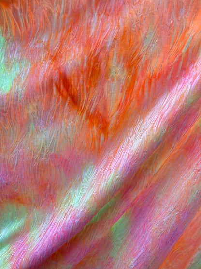 New wavy crushed velvet mega tie dye orange/pink/yellow 4-way stretch 58/60” Sold by the YD. Ships Worldwide from Los Angeles California