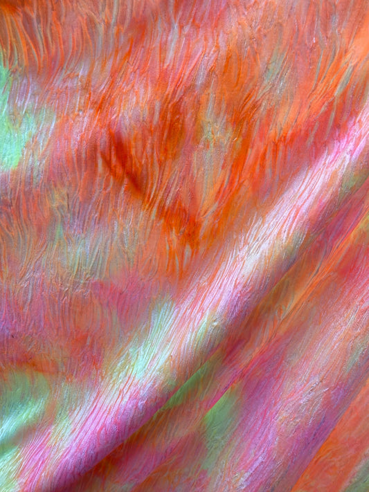 New wavy crushed velvet mega tie dye orange/pink/yellow 4-way stretch 58/60” Sold by the YD. Ships Worldwide from Los Angeles California