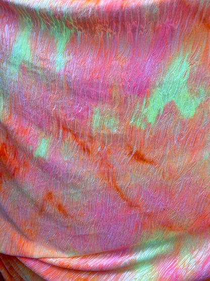 New wavy crushed velvet mega tie dye orange/pink/yellow 4-way stretch 58/60” Sold by the YD. Ships Worldwide from Los Angeles California