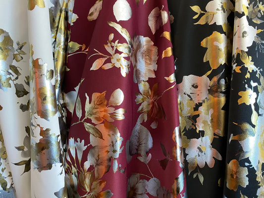 New super poly techno floral design 2-way stretch 58/60” Sold by the YD. Ships worldwide from Los Angeles California USA.