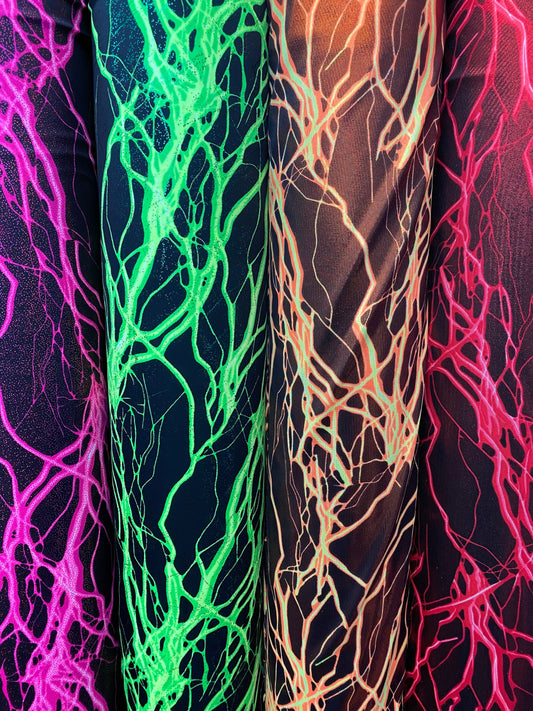 Thunder design print on great quality of nylon spandex with foggy foil 4-way spandex 4-way stretch 58/60” Sold by the YD. Ships worldwide