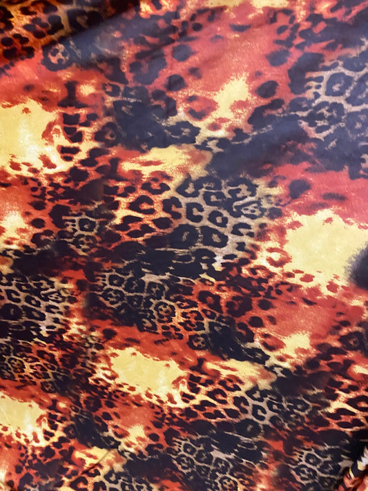 New exotic leopard Animal patch design print on poly spandex medium weight 4-way stretch 58/60” Sold by the YD. Ships Worldwide from LA CA.
