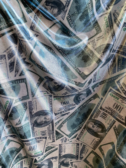 New metallic money design hologram Silver/green 100 dollar bill print on good quality of nylon 4-way spandex with foggy foil all over 58/60”