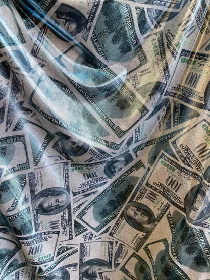 New metallic money design hologram Silver/green 100 dollar bill print on good quality of nylon 4-way spandex with foggy foil all over 58/60”