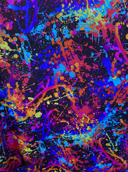 Graffiti paint design multi nylon spandex with foil 4-way stretch 58/60” sold by the YD. Ships worldwide from Los Angeles California.