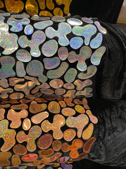 New Stone pebbles design hologram geometric jumbo sequins embroidered on stretch velvet 2-way stretch 54/55” sold by the YD.