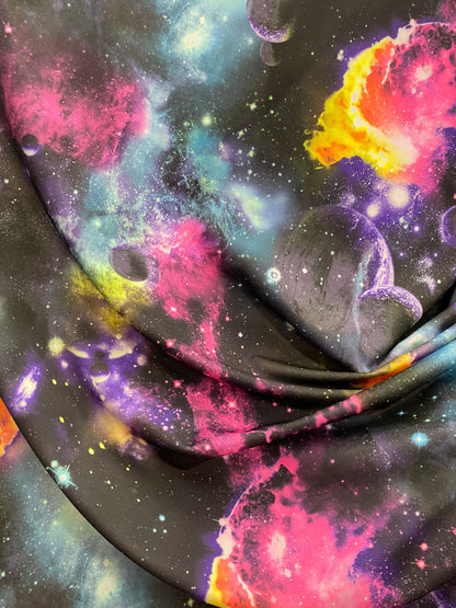 Galaxy design multicolor print on great quality of nylon spandex 4-way stretch 58/60” Sold by the YD. Ships worldwide from Los Angeles cali