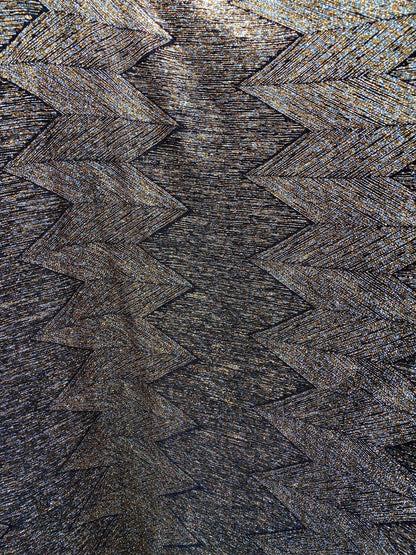 New geometric zigzag design metallic poly spandex bronze color medium weight 4-way stretch 58/60” Sold by the YD. Ships Worldwide from L.A