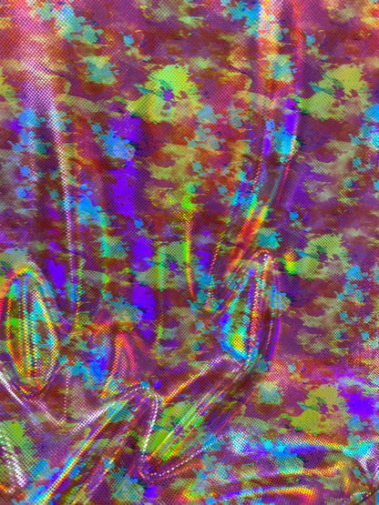 New modern abstract design yellow/pink/red digital foil print lacer hologram metallic nylon spandex 4-way stretch 58/60” Sold by the YD.