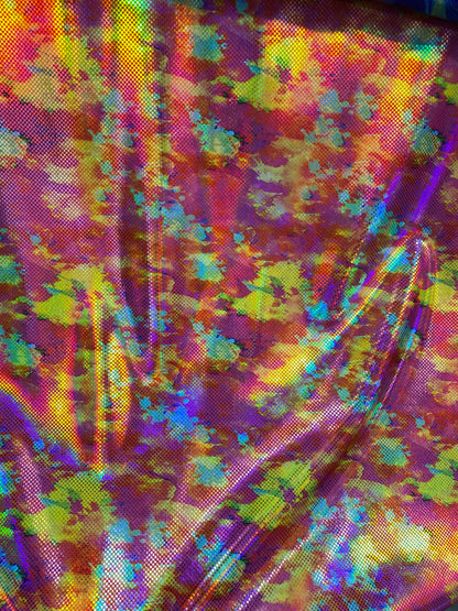 New modern abstract design yellow/pink/red digital foil print lacer hologram metallic nylon spandex 4-way stretch 58/60” Sold by the YD.