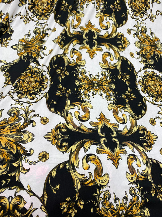 New Black/cold designer fabric print on poly spandex medium weight 4-way stretch 58/60” Sold by the YD. Ships Worldwide from Los Angeles CA.