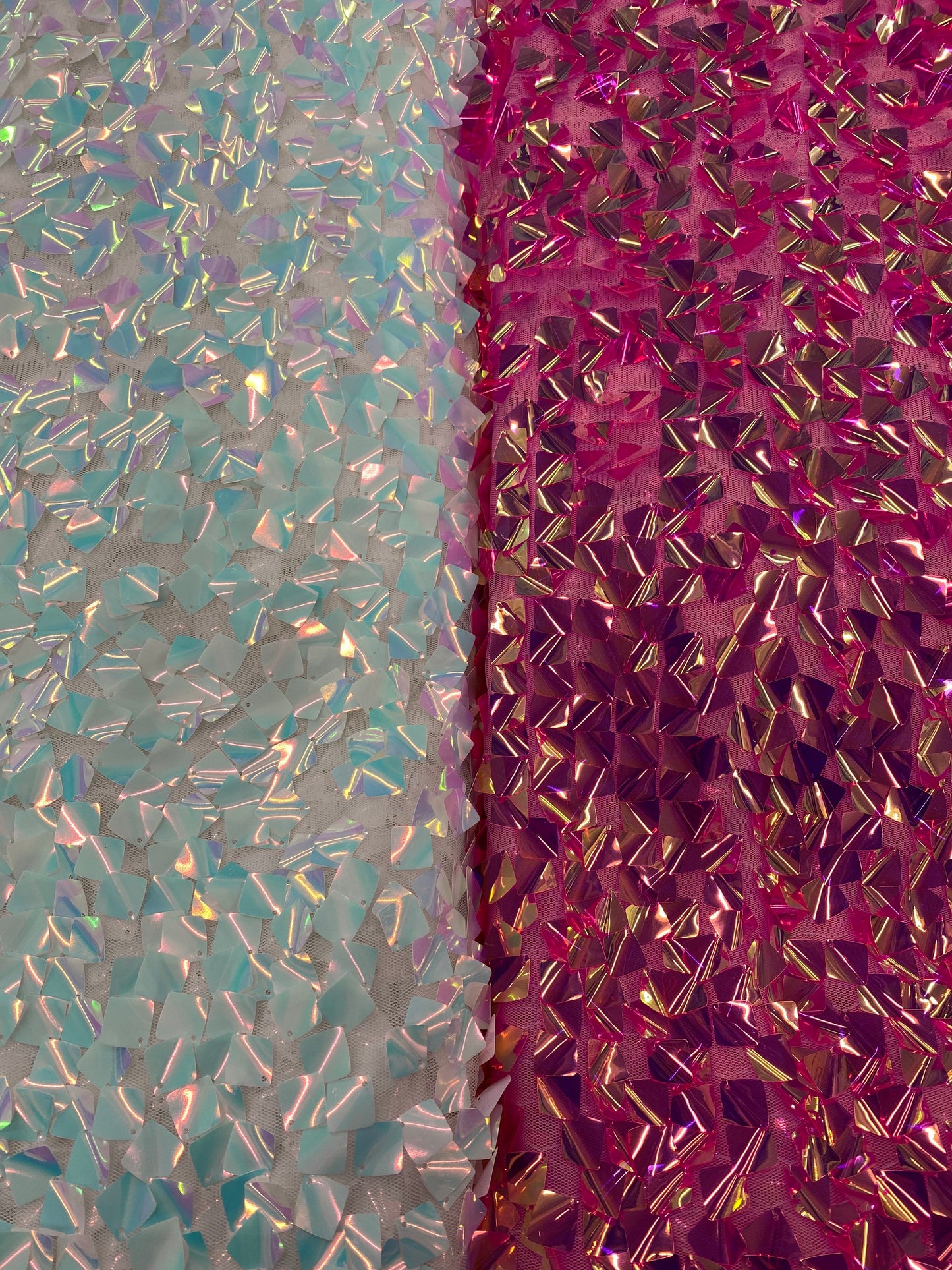 New square sequins iridescent colors embroidered in mesh fabric 2-way stretch 54/55” Sold by the YD. Ships worldwide from Los Angeles cali