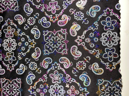 New Bandana paisley design black/rainbow metallic nylon spandex 4-way stretch 58/60” Sold by the YD. Ships Worldwide from Los Angeles cali