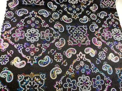 New Bandanna paisley design black/rainbow metallic nylon spandex 4-way stretch 58/60” Sold by the YD. Ships Worldwide from Los Angeles cali