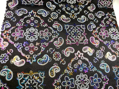 New Bandana paisley design black/rainbow metallic nylon spandex 4-way stretch 58/60” Sold by the YD. Ships Worldwide from Los Angeles cali