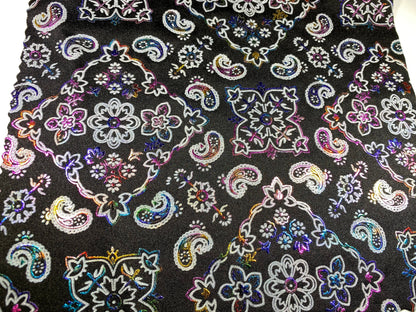 New Bandanna paisley design black/rainbow metallic nylon spandex 4-way stretch 58/60” Sold by the YD. Ships Worldwide from Los Angeles cali