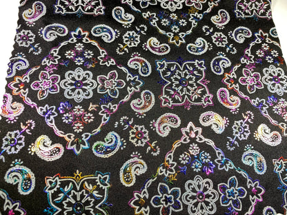 New Bandana paisley design black/rainbow metallic nylon spandex 4-way stretch 58/60” Sold by the YD. Ships Worldwide from Los Angeles cali