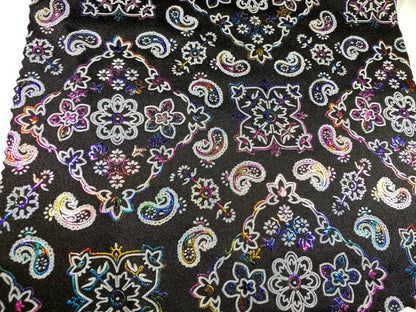 New Bandanna paisley design black/rainbow metallic nylon spandex 4-way stretch 58/60” Sold by the YD. Ships Worldwide from Los Angeles cali