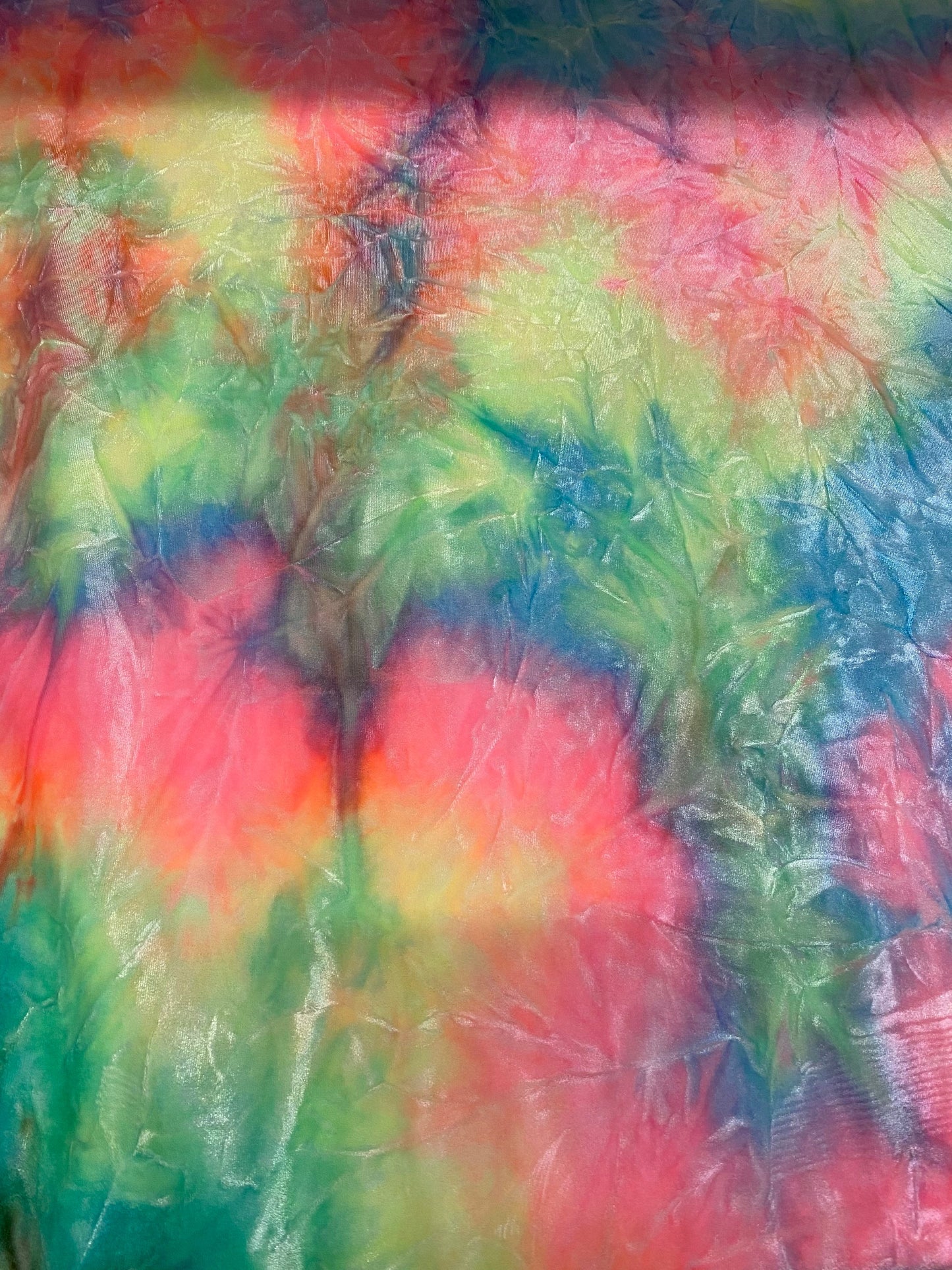 New tie dye stretch crushed velvet 4way Stretch multi pastel colors 58/60” Sold by the YD. Ships worldwide feom Los Angeles California USA.