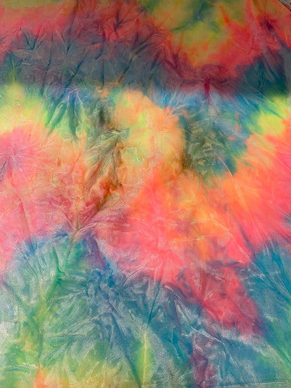 New tie dye stretch crushed velvet 4way Stretch multi pastel colors 58/60” Sold by the YD. Ships worldwide feom Los Angeles California USA.