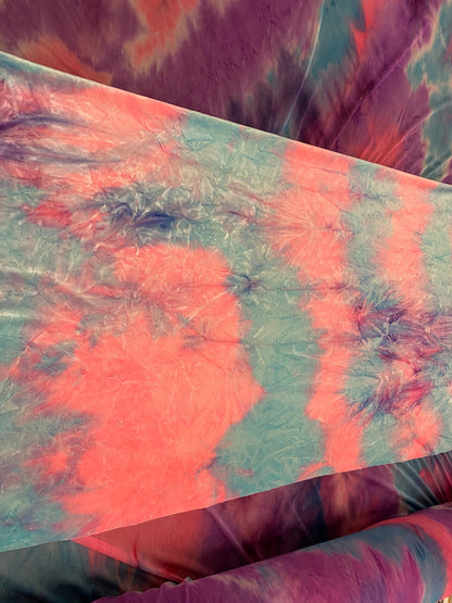 New Cotton Candy tie dye crushed velvet and tie dye power mesh 4-way stretch 58/60” Sold by the YD. Ships worldwide from Los Angeles cali