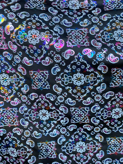 Bandana paisley design black/rainbow print on nylon spandex with foil 4-way stretch 58/60” Sold by the YD. Ships worldwide from Los Angeles