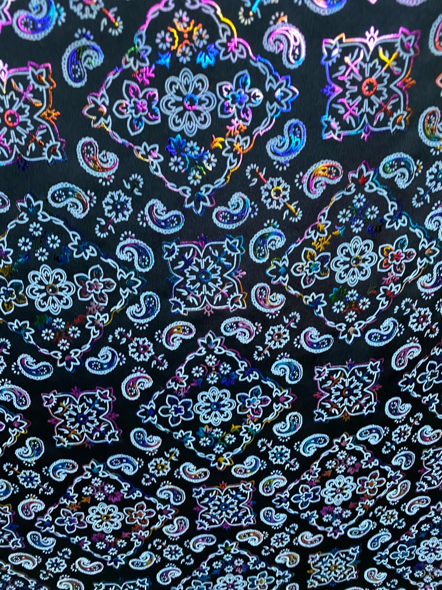 Bandana paisley design black/rainbow print on nylon spandex with foil 4-way stretch 58/60” Sold by the YD. Ships worldwide from Los Angeles