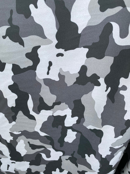 Camouflage design Gray/silver/black print on great quality of nylon spandex 4-way stretch 58/60” Sold by the YD. Ships Worldwide from L.A CA