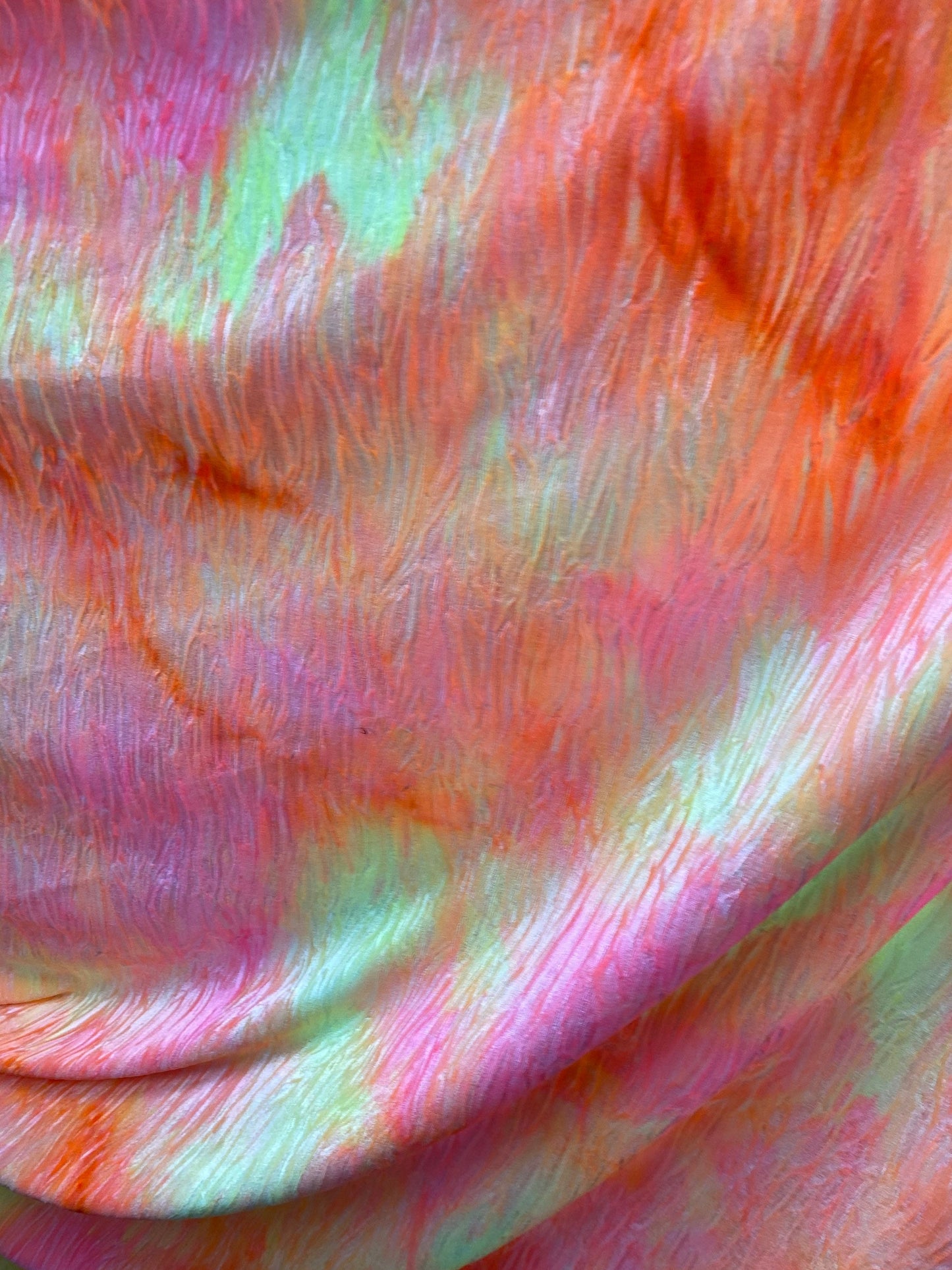 New wavy crushed velvet mega tie dye orange/pink/yellow 4-way stretch 58/60” Sold by the YD. Ships Worldwide from Los Angeles California
