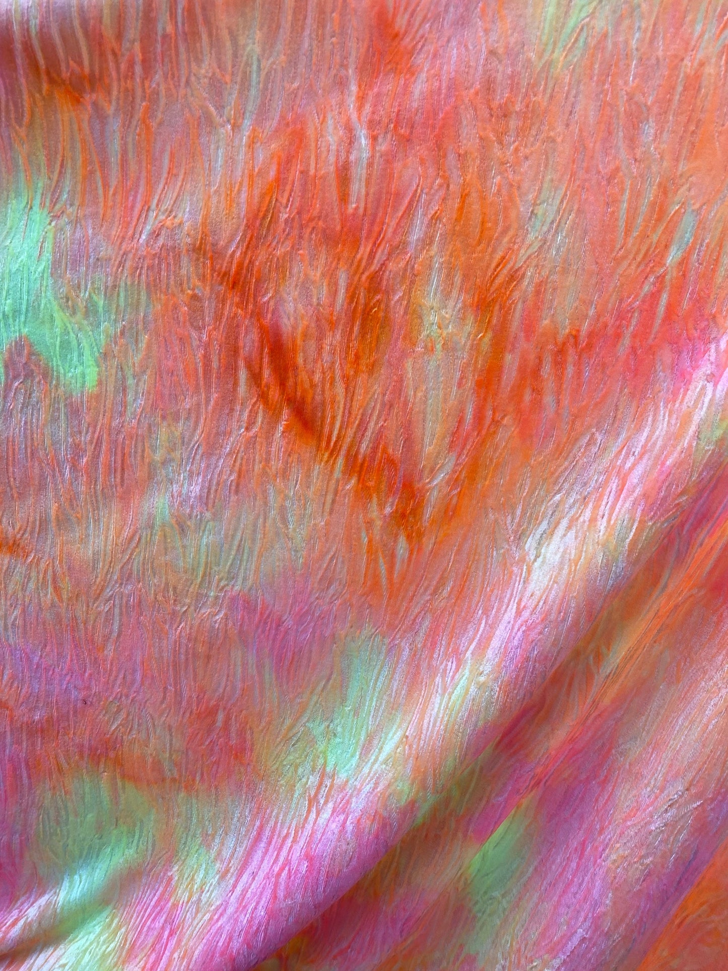 New wavy crushed velvet mega tie dye orange/pink/yellow 4-way stretch 58/60” Sold by the YD. Ships Worldwide from Los Angeles California