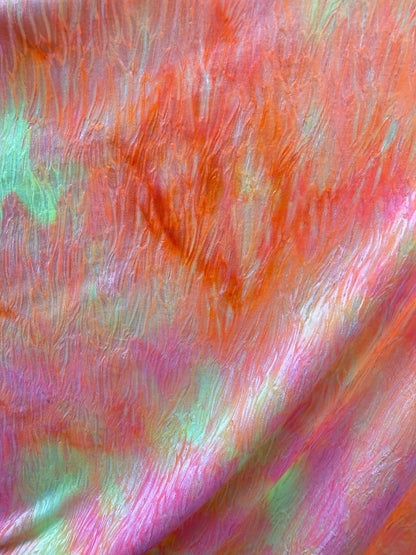 New wavy crushed velvet mega tie dye orange/pink/yellow 4-way stretch 58/60” Sold by the YD. Ships Worldwide from Los Angeles California