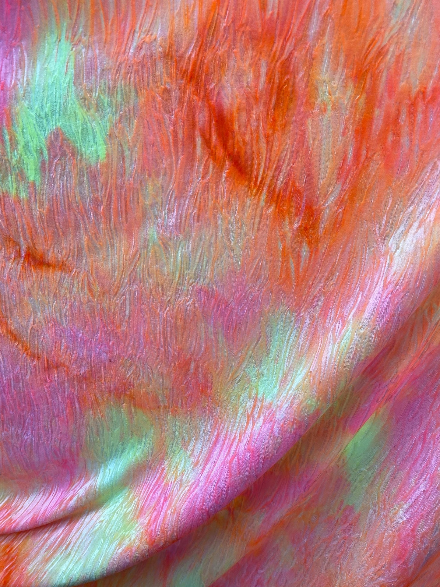 New wavy crushed velvet mega tie dye orange/pink/yellow 4-way stretch 58/60” Sold by the YD. Ships Worldwide from Los Angeles California