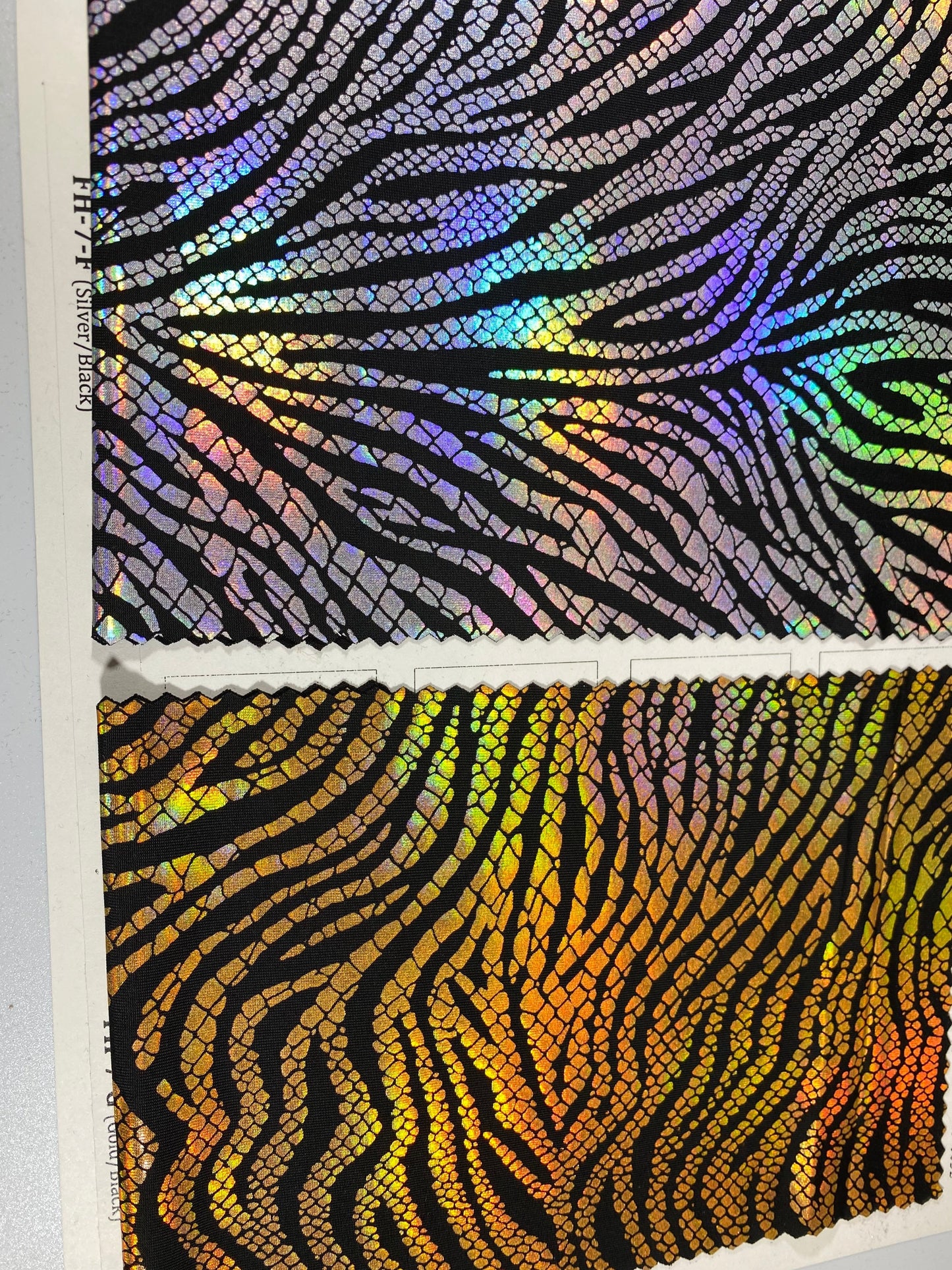 New Exotic zebra design hologram poly spandex medium weight 4-way stretch 58/60” Sold by the YD. Ships Worldwide from Los Angeles California