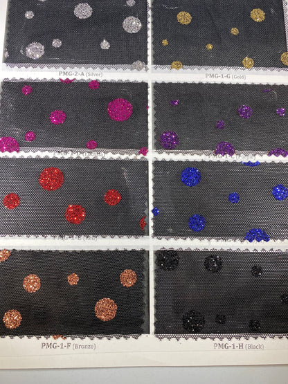 New Glitter polka dots design on black power mesh 2-way stretch 58/60” Sold by the YD. Ships Worldwide from Los Angeles California USA.