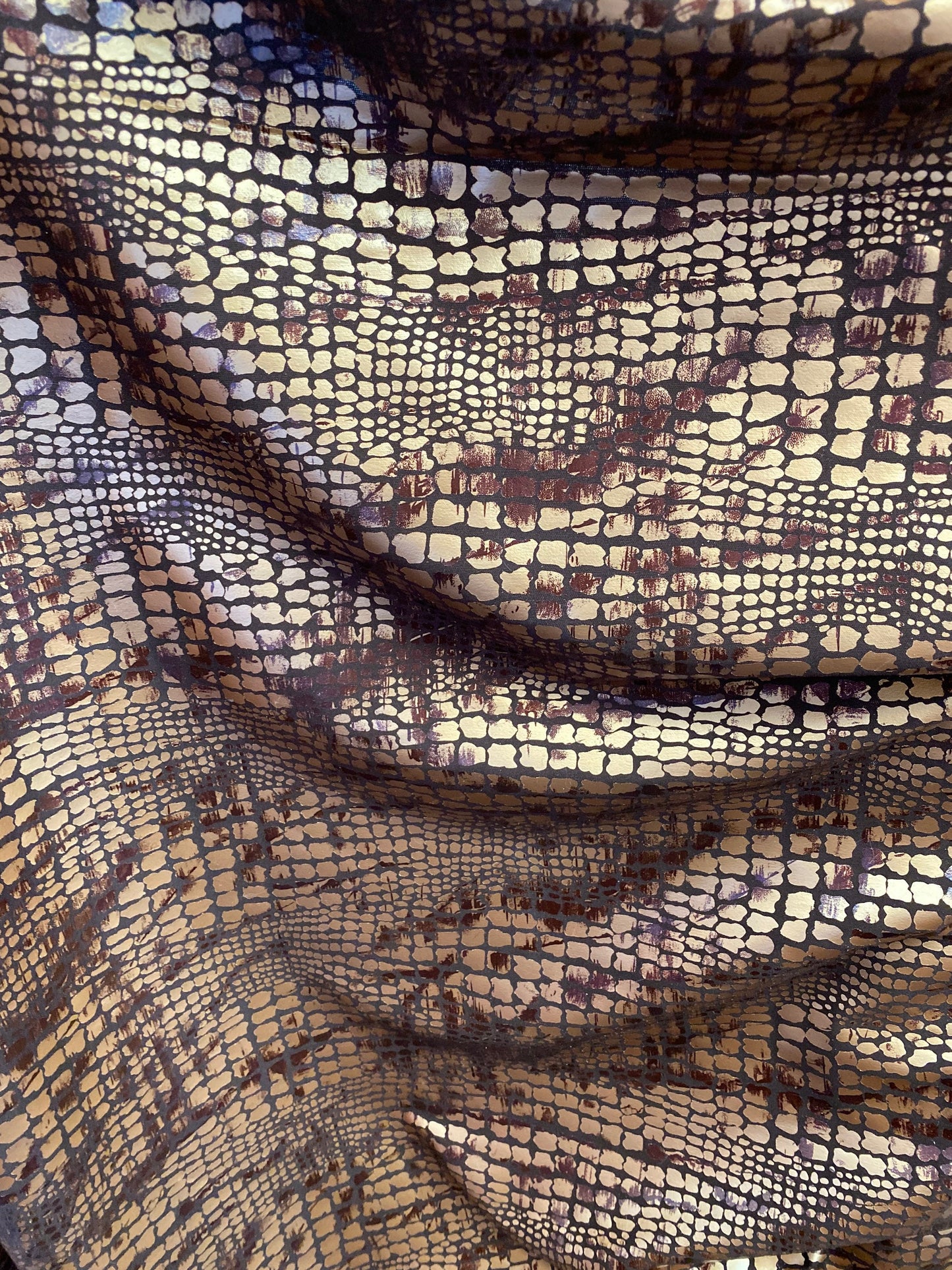 New Exotic animal print on metallic polyester non stretch 58/60” Sold by the YD. Ships Worldwide from Los Angeles California USA.