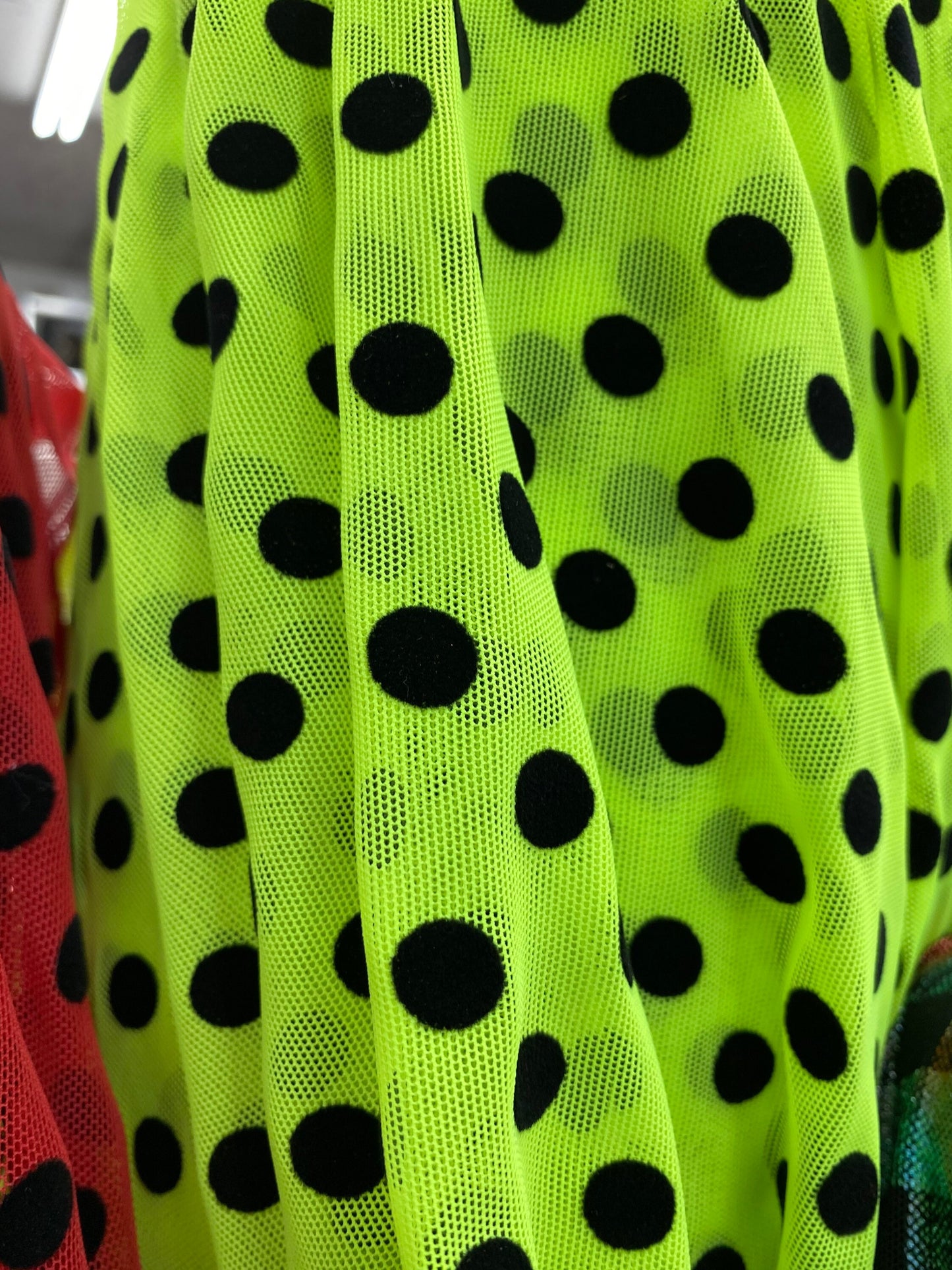 New polka dots design on power mesh with black flocking dots 4-way stretch 58/60” Sold by the YD. Ships Worldwide from Los Angeles cali