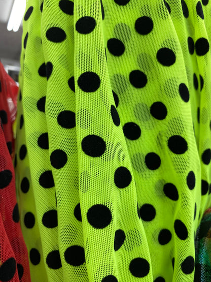 New polka dots design on power mesh with black flocking dots 4-way stretch 58/60” Sold by the YD. Ships Worldwide from Los Angeles cali