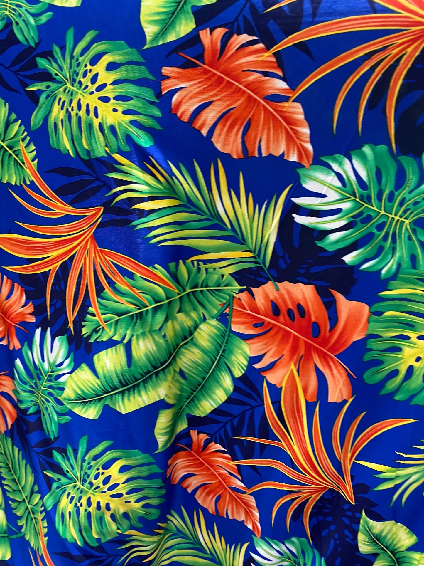 New Hawaiian design Sapphire multicolor print on poly spandex medium weight 4-way stretch 58/60” Sold by the YD. Ships Worldwide from L.A CA