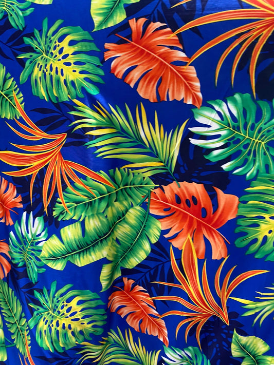 New Hawaiian design Sapphire multicolor print on poly spandex medium weight 4-way stretch 58/60” Sold by the YD. Ships Worldwide from L.A CA