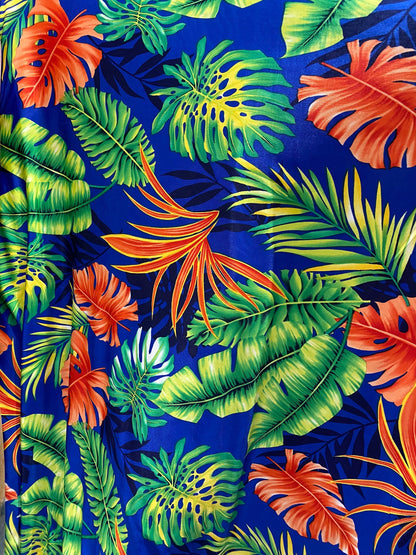New Hawaiian design Sapphire multicolor print on poly spandex medium weight 4-way stretch 58/60” Sold by the YD. Ships Worldwide from L.A CA
