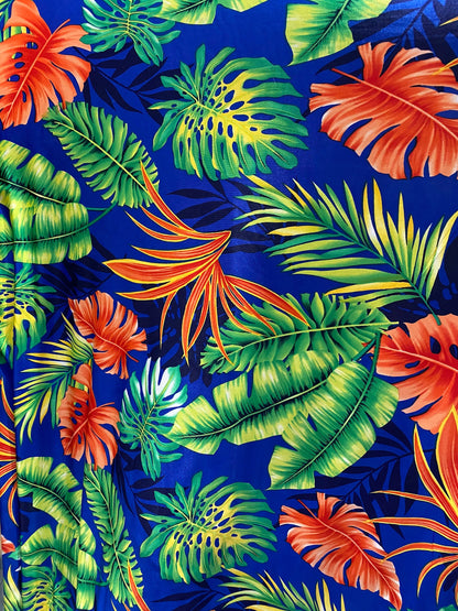 New Hawaiian design Sapphire multicolor print on poly spandex medium weight 4-way stretch 58/60” Sold by the YD. Ships Worldwide from L.A CA