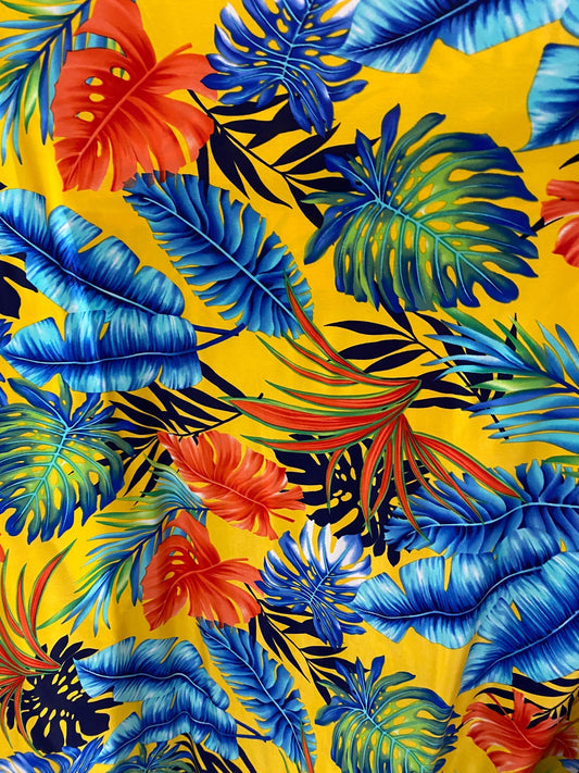 New Hawaiian design yellow/multicolor print on poly spandex medium weight 4-way stretch 58/60” Sold by the YD. Ships Worldwide from L.A CA