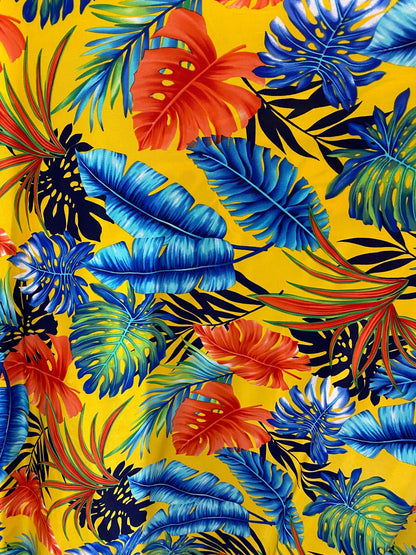 New Hawaiian design yellow/multicolor print on poly spandex medium weight 4-way stretch 58/60” Sold by the YD. Ships Worldwide from L.A CA